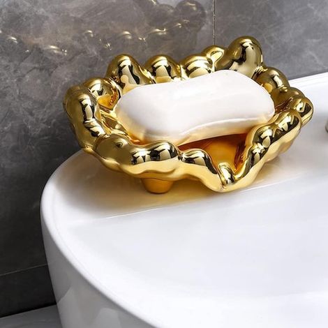 Dispensador de jabón creativo con bandeja de drenaje automático,soporte antideslizante para jabón,diseño de una sola pieza en color dorado (1/4)