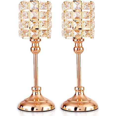 Bougeoirs en Cristal d'or 2 PCS Tea Light Cylindre en métal Chandelier Luxueux 29,5 CM de Hauteur Bougeoir Ornements pour centres de Table de Mariage de Salon de Noël (Moyen)