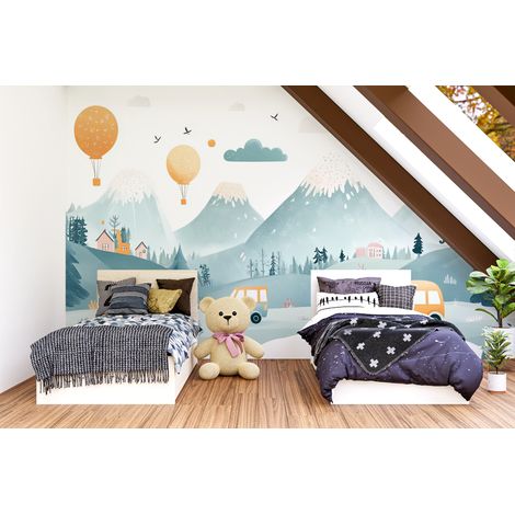 Papier peint enfants - petits camions et sapins pastel - 400 x 260 cm (1/2)