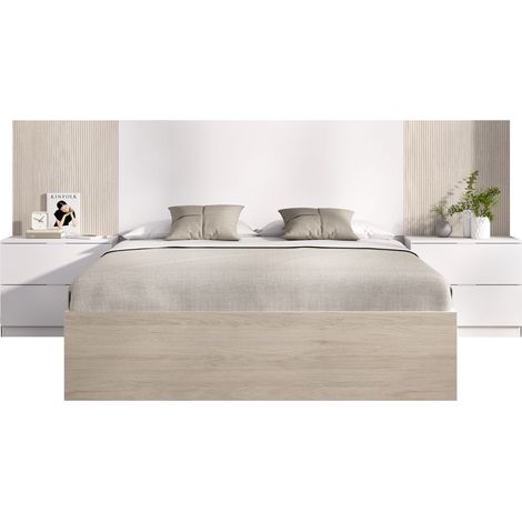 DEKIT LOMA - CABEZAL CON DOS MESITAS DE 2 CAJONES Y ARO CAMA 135/140X190 - BLANCO / ALISTONADO / NATURAL - 96 x 258.8 x 195.4 (1/5)
