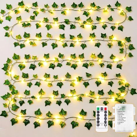 Guirlande Lumineuse Lierre Artificiel 10M 100 LED Plante Artificielle Feuille à Piles avec Télécommande, 8 Modes Faux Lierre Étanche Décoration pour Chambre Ado Salon Balcon Mariage Fête (1/5)