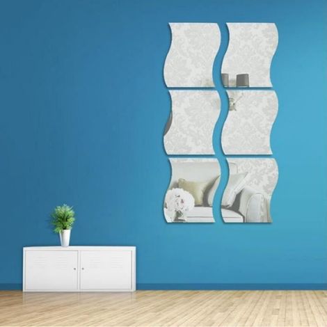 6 Pièces Miroir 3D Vague Autocollant - Miroir Mural Adhésif en Acrylique Décoration Murale Argent pour DIY (1/4)