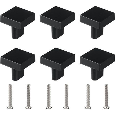 Lot de 6 boutons de tiroir carrés pour meubles - Trou unique - Petite poignée moderne - Noir - Avec vis assorties (1/5)