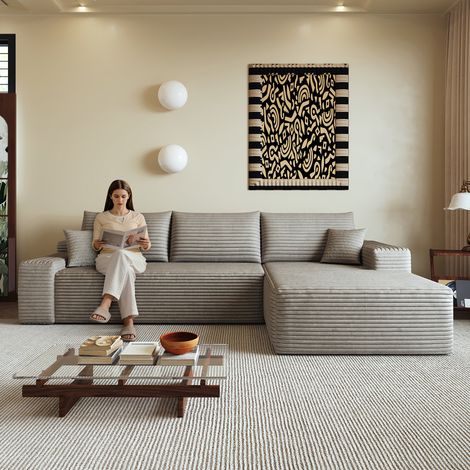 Sofá modular de 3 plazas de pana con chaise longue derecha, sin montaje, camel