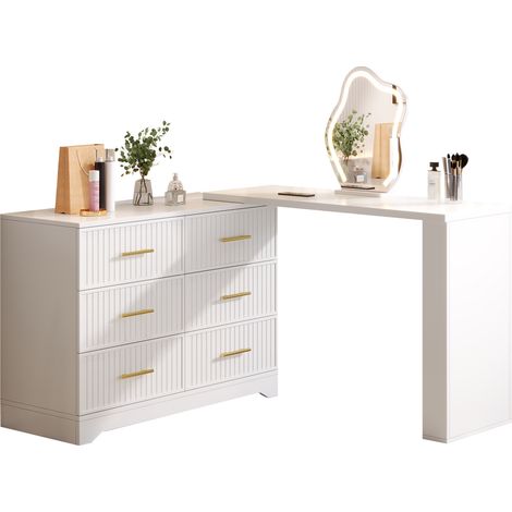 Coiffeuse pivotante avec miroir LED 3 couleurs, 6 tiroirs, meuble 2-en-1 bureau et table de maquillage, blanche et dorée, 110 x 40 x 129 cm  CHICFURN (1/5)