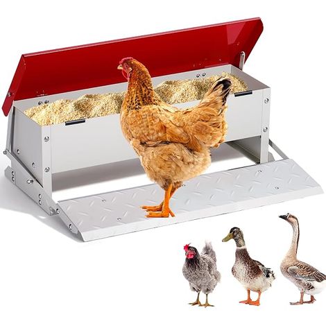 Distributeur de nourriture pour poules en acier galvanisé mécanisme de marche avec marchepied couvercle distributeur de nourriture (1/5)