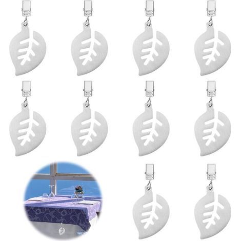 Set di 10 pesi per tovaglie con clip. Clip per tovaglie in acciaio inossidabile con motivo a foglie, perfette per giardini, picnic, feste, cucine e ristoranti. (1/4)