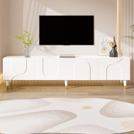 Mobile TV 180x40x50 cm bianco in MDF e pannelli PB con 4 ante a rilievo arcuato e passacavi (1/5)