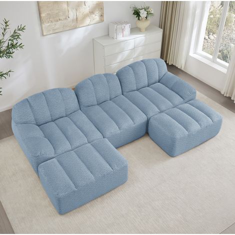 Modulares U-Sofa 288x165x79 cm blau aus granuliertem Fleece mit 2 Ottomanen (1/5)