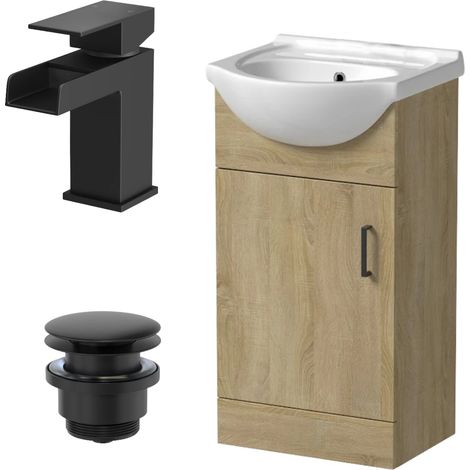 450mm Oak Bathroom Vanity Unit Basin Freestanding Black Waterfall Tap & Waste (1/5)