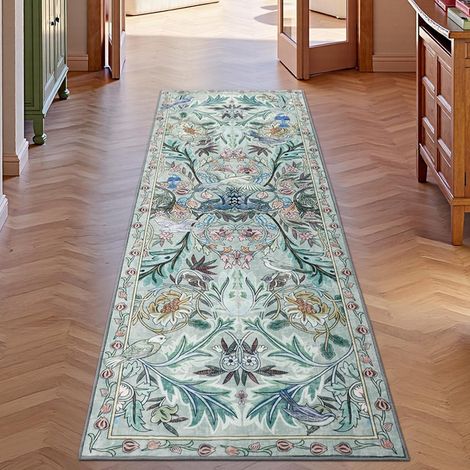 Corridor Rug 60 x 180 cm, Blue Floral, Non-Slip, Soft, Bohemia, Vintage Bird, Machine Washable, for Bathroom, Entrance, Living Room, Bedroom (1/5)