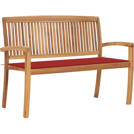 Banc de jardin meuble de patio d'extérieur terrasse empilable et coussin rouge 128,5 x 57,5 x 90 cm bois de teck massif (1/5)