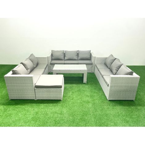 Fimous Gartenmöbel im Freien Polyrattan 10-Sitzer Garten Sofa Rechteckiger Couchtisch Set mit 2 Großer Hockern Hellgrau gemischt