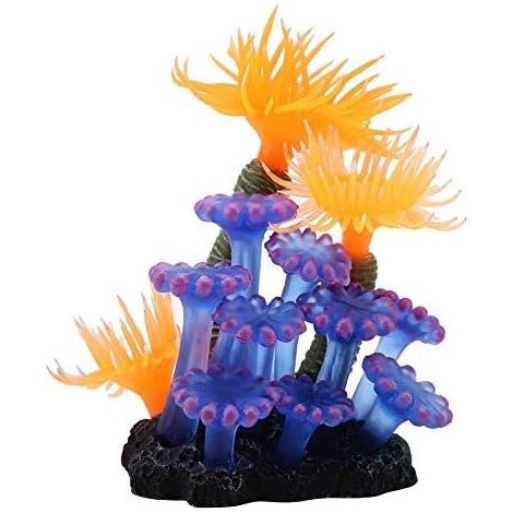 Décoration fantaisie pour aquarium : corail artificiel, anémone de mer artificielle en silicone, plante aquatique, ornement pour aquarium (7 x 5,5 x 8 cm, bleu et orange, 1 pièce). (1/5)