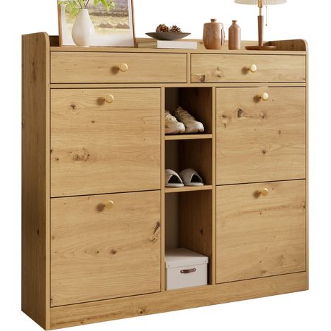 Meuble à chaussures effet bois 110x26x100cm, 4 portes, 2 tiroirs et 3 compartiments, rangement pour entrée et couloir moderne (1/5)