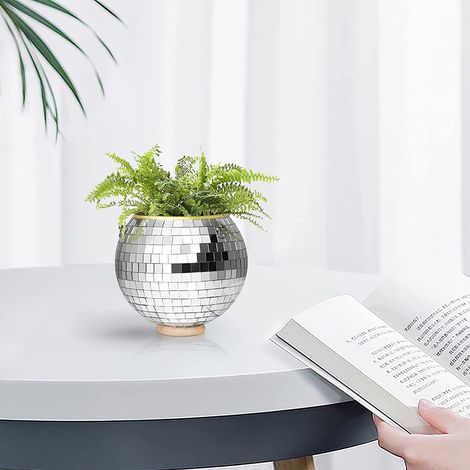 Maceta Florero Disco Ball, maceta decorativa con lentes de cristal plateado para suculentas, cactus y hierbas, 10 cm, maceta colgante para salón y terraza con gancho. (1/5)