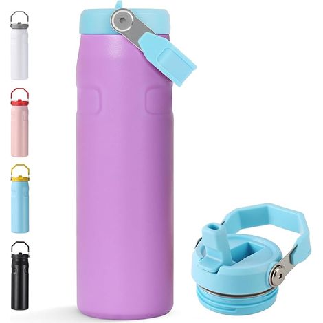 Gourde Isotherme avec Paille, 720ml Inox Sans BPA à Double Paroi, Anti-Fuite, Gourde Paille Adulte Grande Capacité, Water Bottle pour Sport, Bureau, École (Violet)