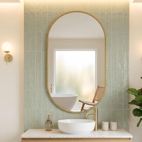 Specchio da Parete Ovale 50x75 cm - Cornice in Metallo Dorato, Vetro Temperato Antiriflesso ad Alta Definizione, Specchio Moderno per Ingresso - per Bagno e Ingresso (1/5)