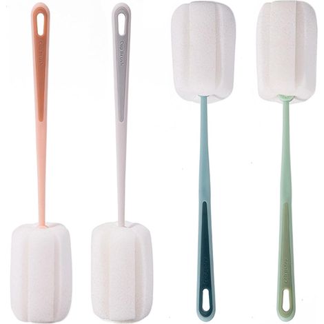 Juego de 4 cepillos de limpieza de esponja suave con mangos de plástico - Para biberones y vasos - Para botellas de agua, termos, tazas (blanco, verde, azul, rosa) (1/5)