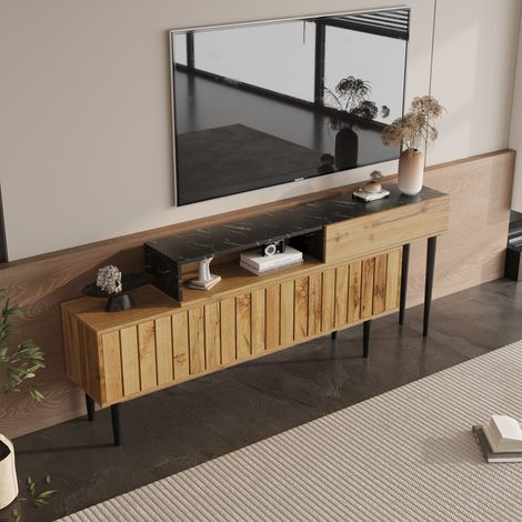 Meuble TV moderne avec motif marbre et grain de bois, bord en PVC, pieds en fer, couleur bois foncé, décoration de la maison, gain de place, durable et durable. (1/4)