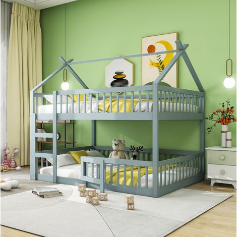 Letto a castello per bambini 140x200 cm con scala e sponde, grigio, legno, senza materasso (1/5)