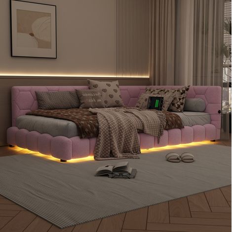 Letto da giorno moderno 90x200 cm in MDF e tessuto effetto velluto rosa, con rete a doghe, LED 16 colori, USB e Type-C (1/5)