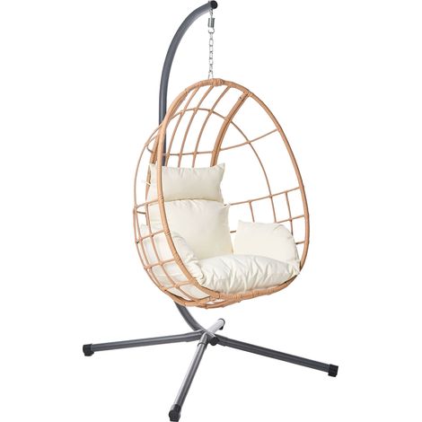 Sedia a dondolo sospesa in stile boho rattan PE struttura in metallo catena morbido cuscino colore naturale Malcesine