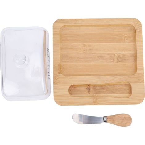Beurrier en bois avec couvercle en verre transparent, outil de coupe, facile à nettoyer, idéal pour les gâteaux au fromage et les desserts. Couleur bois. (1/5)