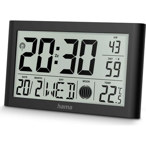 Horloge Numérique Murale et de Table (Pendule Radio-pilotée DCF avec Thermomètre, Fonction Réveil, 2 alarmes, Calendrier, Jour de la Semaine, Phases de Lune, Pied Pliable, Piles incluses) Noir (1/3)