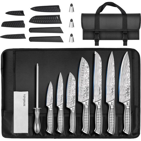 Lot de 12 Couteaux de Cuisine en Acier Inoxydable Pour l'extérieur avec étui, Couteaux de Chef Tranchants, Protège-Doigts, Douilles de Sabre de Couteau, Baguette à Aiguiser, sac de Transport (1/5)