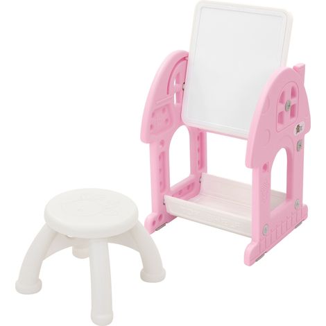Joyz Set Tavolo e Sedia per Bambini 2 in 1 Rosa Bianco con Lavagna Magnetica da Disegno Bianca HDPE Set Mobili da Gioco Educativo per Piccoli dai 3 Anni Arredo per Cameretta Sgabello Incluso