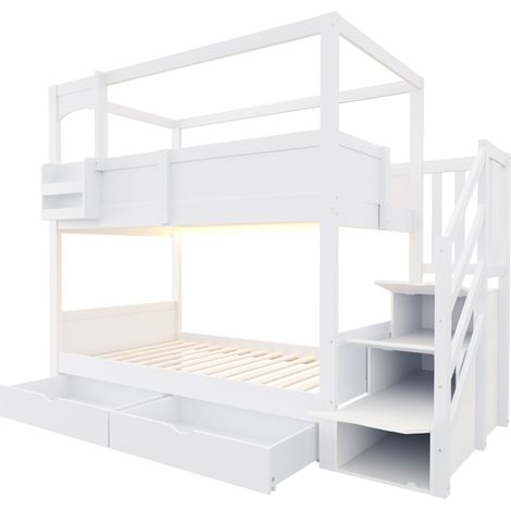 Litera infantil 90 x 200 cm estilo casita con almacenaje, pizarra y escalera-cajón, blanco (1/5)