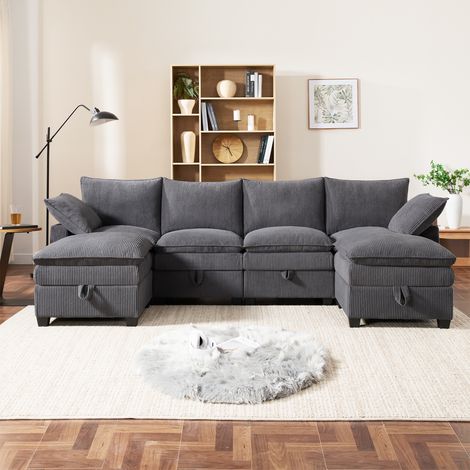 Canapé d'angle moderne en velours gris, pouf détachable, prises USB, rangements intégrés et porte-gobelets, canapé modulable pour salon, appartement et petit espace (1/4)