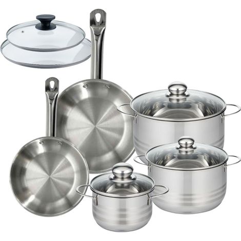 Set 2 poêles 20 24 cm en inox et 2 couvercles verre, 3 faitouts inox 16, 20 et 24 cm Fackelmann Eterna (1/5)