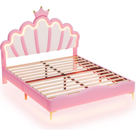 Lit double plat 140200cm, lit princesse en forme de couronne, rembourrage souple en cuir PU, bande lumineuse d’ambiance LED réglable, rose