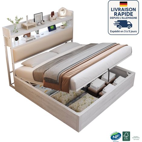 Letto 180x200 - Letto contenitore - similpelle - Design vintage in legno e metallo - Porta di ricarica USB - idraulico - Bianco (1/5)