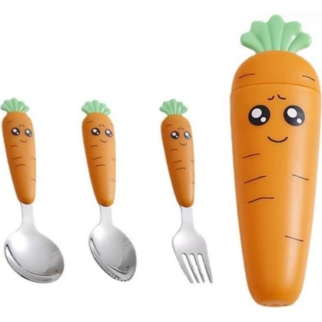 3 Pièces Set de Couverts en INOX Enfant,Couverts Enfants en , Fourchette et Cuillère Avec 1 boîte de rangement pour carottes Enfant (1/4)