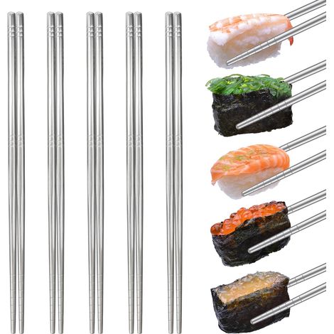 Lot de 5 paires de baguettes en acier inoxydable, 23 cm, passent au lave-vaisselle, réutilisables, design antidérapant, pour la cuisine coréenne, la cuisine chinoise et les sushis japonais (1/5)