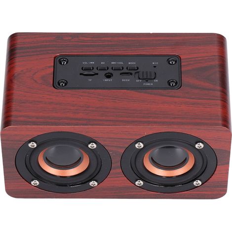 Enceinte Bluetooth bois double haut-parleur, caisson basses, support appel vocal, charge USB avec batterie intégrée, rouge. (1/5)