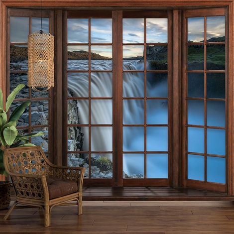 Papier peint panoramique Trompe l'oeil Fenêtre en bois - Cascades - 195 cm x 156 cm (1/5)