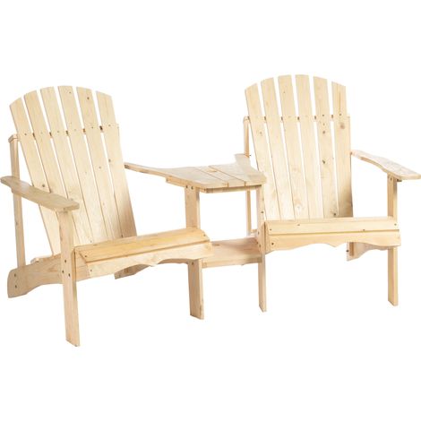 Ensemble 2 fauteuils Adirondack bois massif avec table et trou parasol, mobilier jardin balcon naturel 178x87x92 cm (1/5)