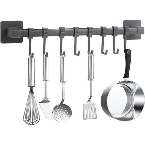 Patère de cuisine sans perçage, autocollante, noire, mobile ustensiles de cuisine, ustensiles de cuisine, porte-couteaux, 8 crochets (1/4)