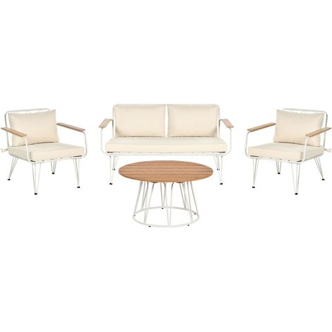 Set di divani da giardino moderni a 4 posti 2 poltrone in acciaio bianco e beige Montesilvano