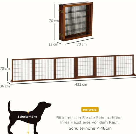 Barrière escamotable pour chien en bois de pin, 432x36x70 cm, teinte café, idéale intérieur et extérieur (1/5)