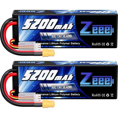 2s lipo Batterie 5200mAh 7,4V 80C RC Batterie, avec connecteur XT60 Fiche, pour RC Evader BX Auto Car Truck LKW Truggy RC Hobby (2 Paquets) (1/5)