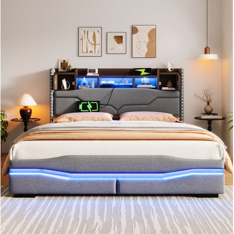Cama dormitorio con almacenaje hidráulico LED USB gris OKMYHOME (1/5)
