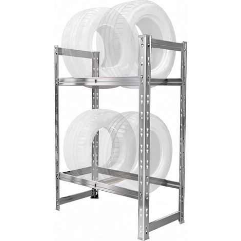 Scaffale Relaxdays per 4-6 pneumatici, HxLxP: 100 x 85 x 35 cm, 150 kg/ripiano, sistema a incastro, acciaio, argento (1/5)