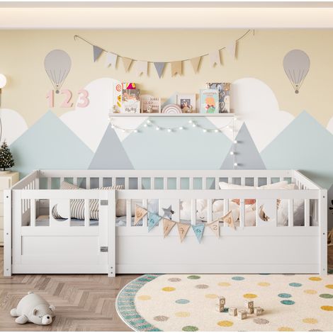 Cama infantil 90x190 cm blanca de pino con barrera de seguridad y decoración de estrella y luna (1/5)
