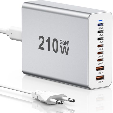 Chargeur USB-C 210W - Station de charge 8 ports, Multi-chargeurs USB-C, 【USB-A + C】, Adaptateur de charge, compatible avec iPhone 12/13/14/15, MacBook Pro/Air, Samsung Galaxy S23/S22/S21/Tablettes, Ar