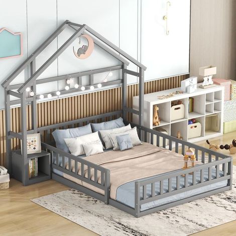 Lit enfant cabane 140 x 200 cm gris avec barrières et tables de chevet, sommier inclus (sans matelas)